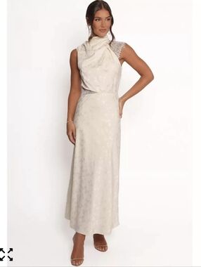 Petal & Pup Anabelle Halter Neck Lace Maxi  Satin Dress In   Soft Ivory